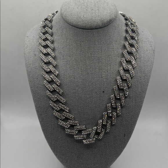 Adornia Rhodium Plated Edgy Cuban Crystal Chain Necklace 17” 17 inches
